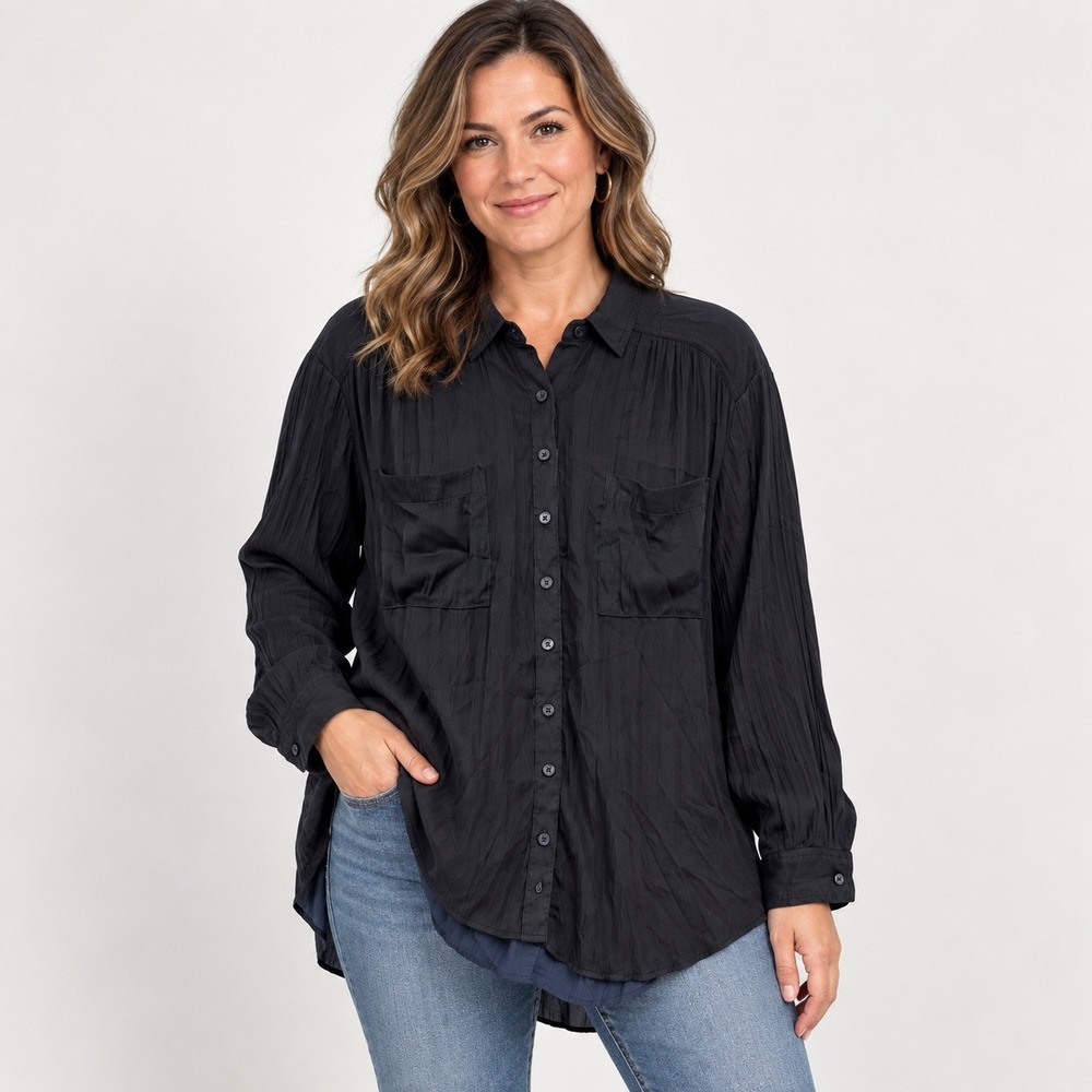 Anthropologie Button Down Shirt Womens Large Black Pleated Pom Pom OB1535629